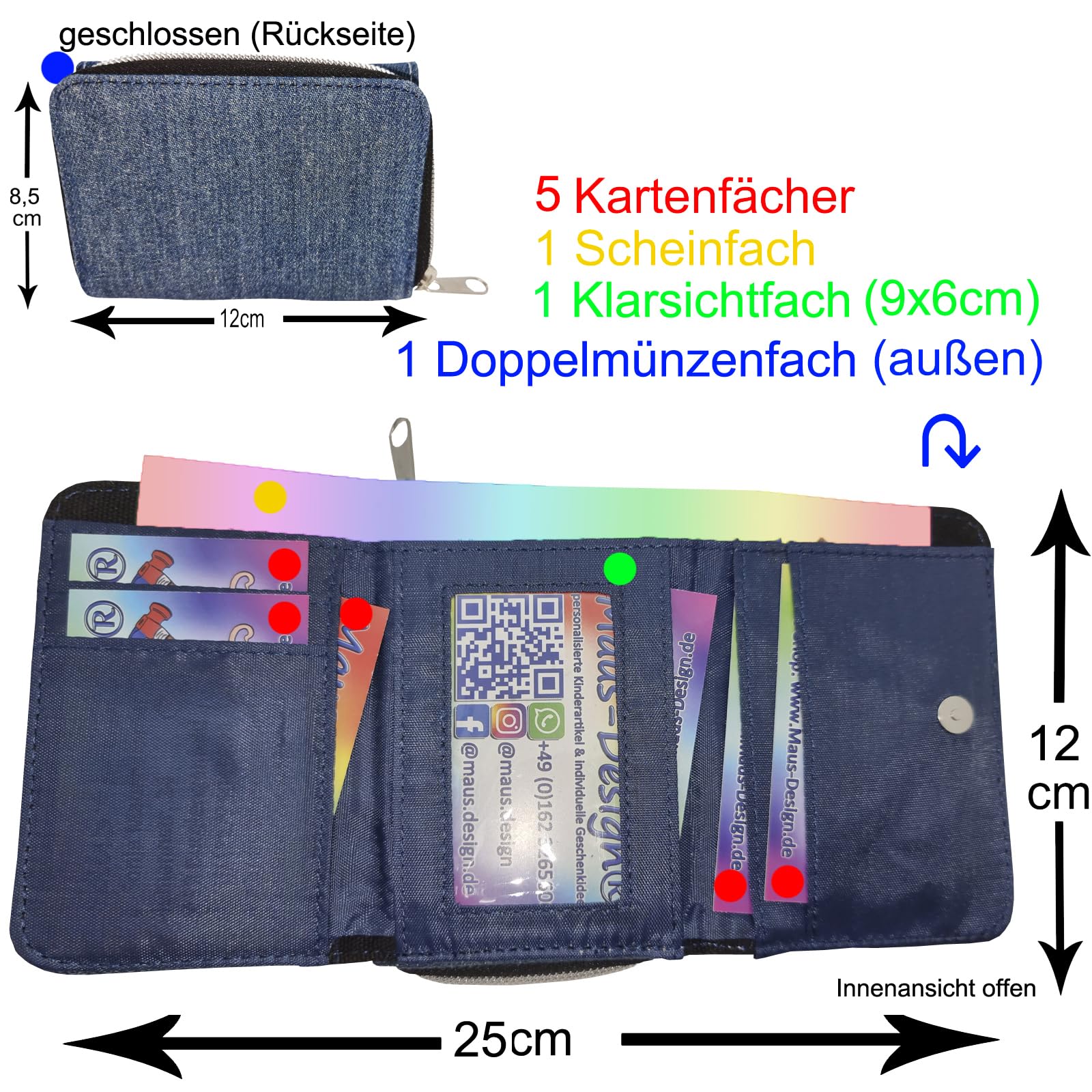 Geldbörse Pinguin personalisiert für Kinder/Teenager | Mit Name, Jeans oder Schwarz, Schriftart für Namen wählbar