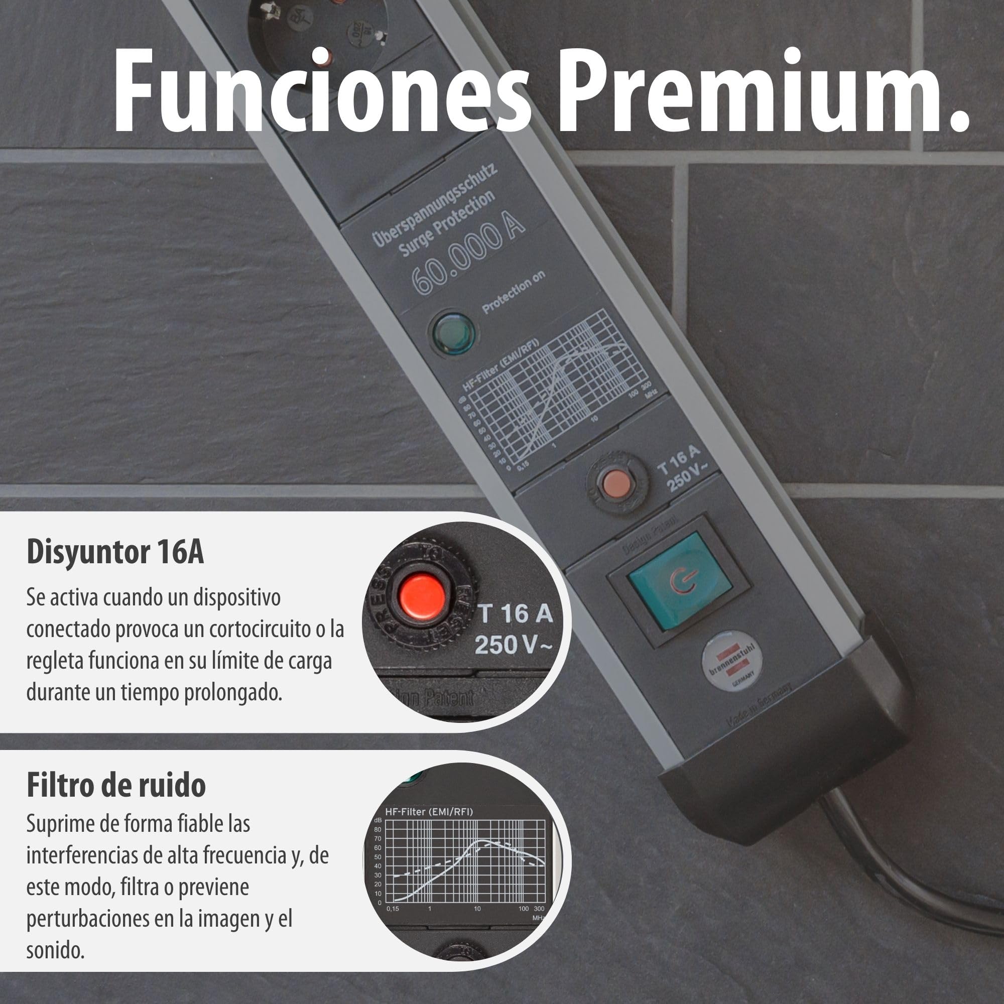 Brennenstuhl Premium-Protect-Line regleta enchufes con USB, 6 Tomas y protección contra sobretensiones (Cable de 3m, 2X Carga USB 3.10A, Interruptor, Fabricado en Alemania) Plateado/Negro