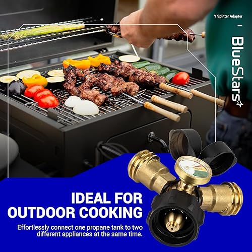 Miniatura 8 de BlueStars Divisor en Y de tanque de propano QCCPOL con medidor y válvula de cierre, adaptador divisor de propano de 2 vías para parrillas de gas,