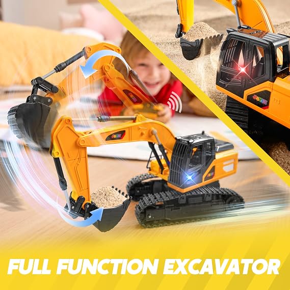 JOYIN Remote Control Excavator RC Digger Tractor Toys for Boys, 2.4Ghz RC Excavator Toy with Light, Construction Toys for Boys 3 4 5 6 7 8-12 Year Old, Birthday Gift for Boys Ages 3 4 5 6