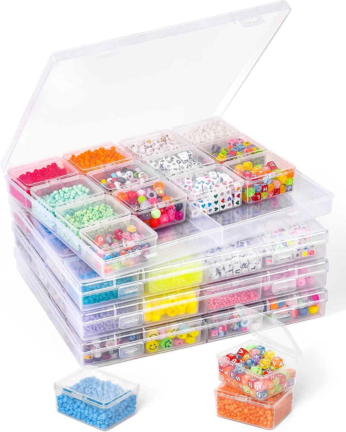 Cokapo Bead Organizer Box, 64 Pcs Clear Bead Storage Containers, Craft Organizers and Storage with Hinged Lids and Labels, Small Plastic Containers Boxes for Jewelry, Seeds, Nail Art, Small Parts