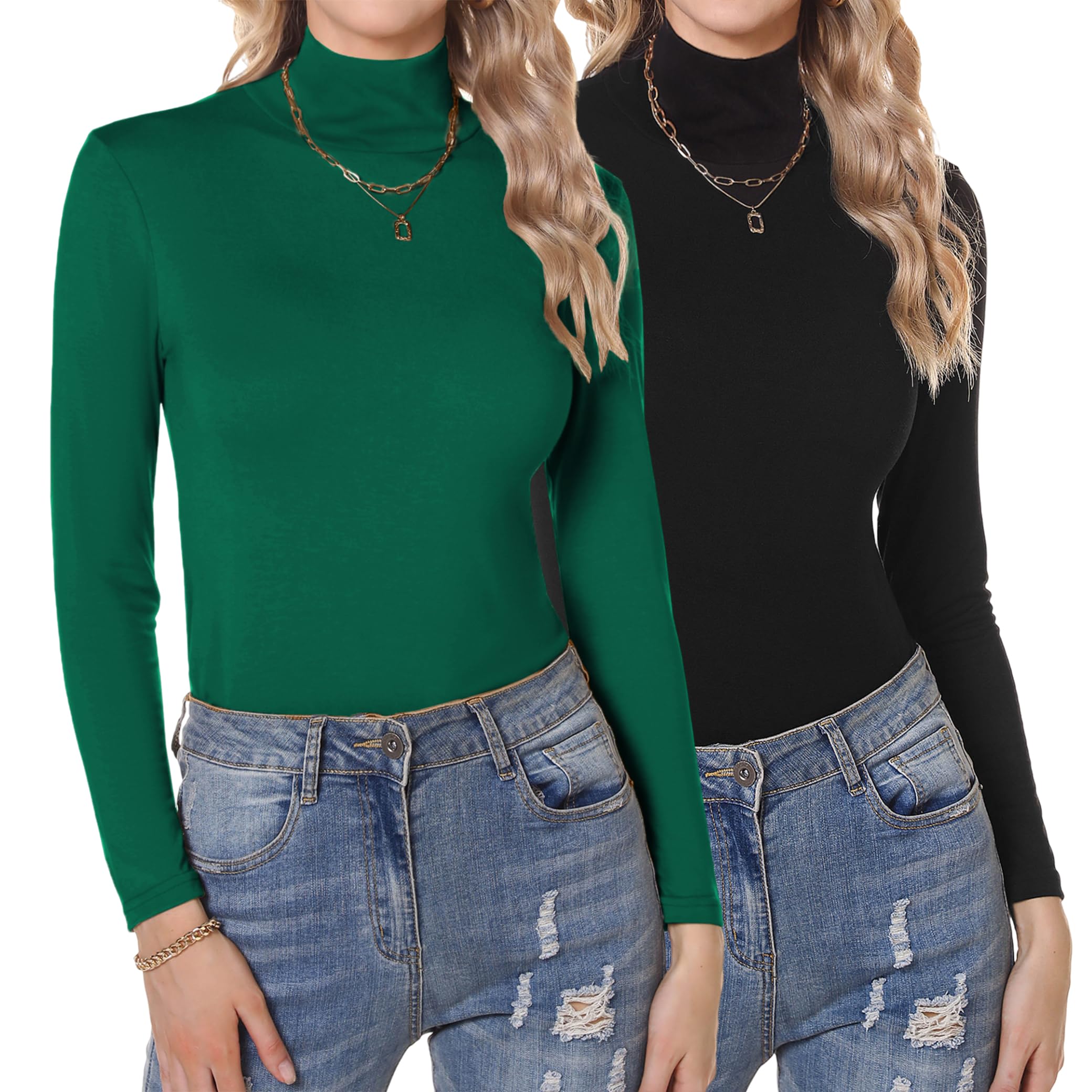 Aottori Langarmshirt Damen 1er/2er Pack Rollkragenshirt Set Oberteile Rollkragen Elegant Unterziehrolli Slim Fit Basic Shirt Langarm Thermo Unterziehshirt Stretch Tops