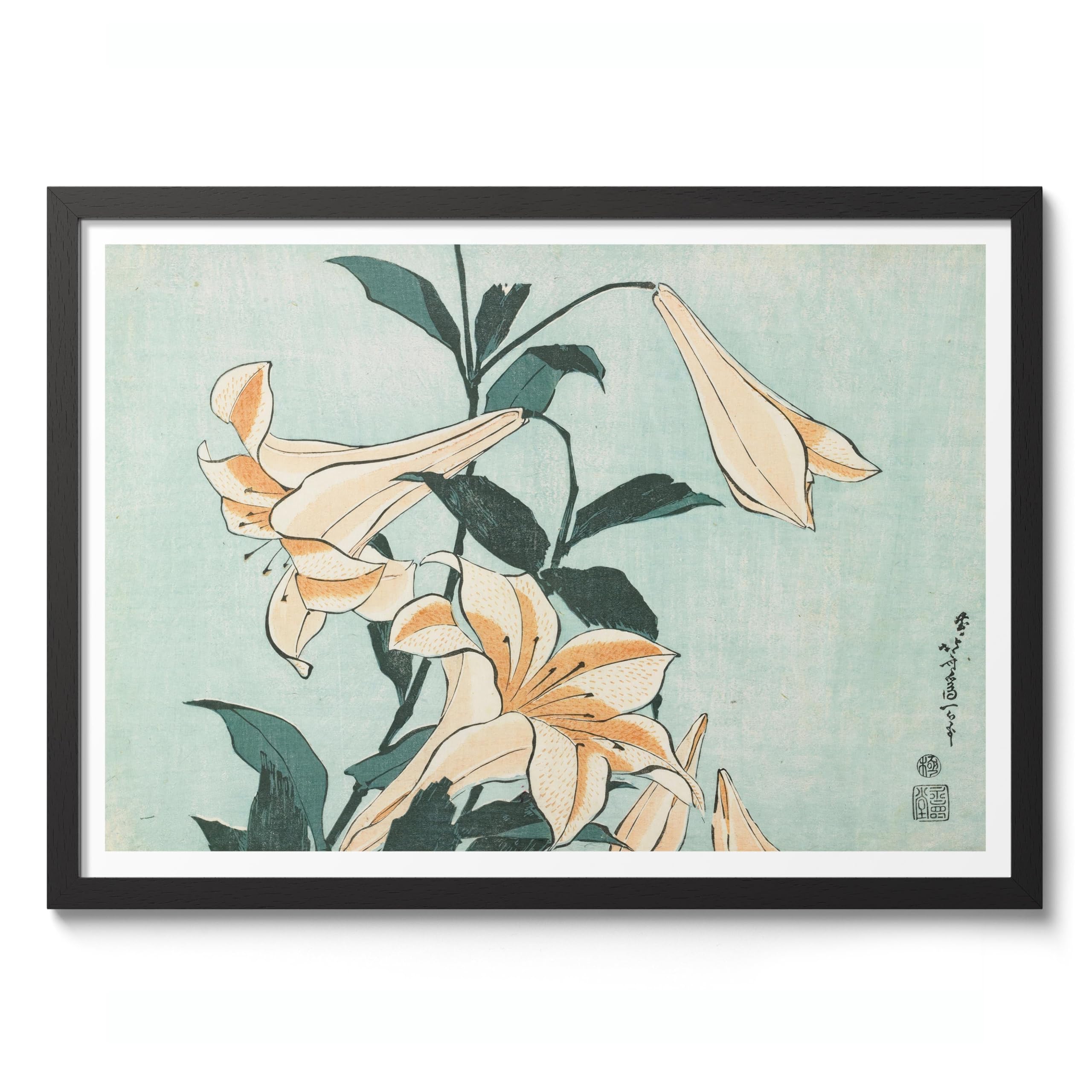 Lilies Katsushika Hokusai Poster, Japanese Woodblock Ukiyo-E Print, Vintage Art Picture Painting Wall Art Exhibition, Archival Matte, A1 (Black Frame) - 84.1x59.4cm