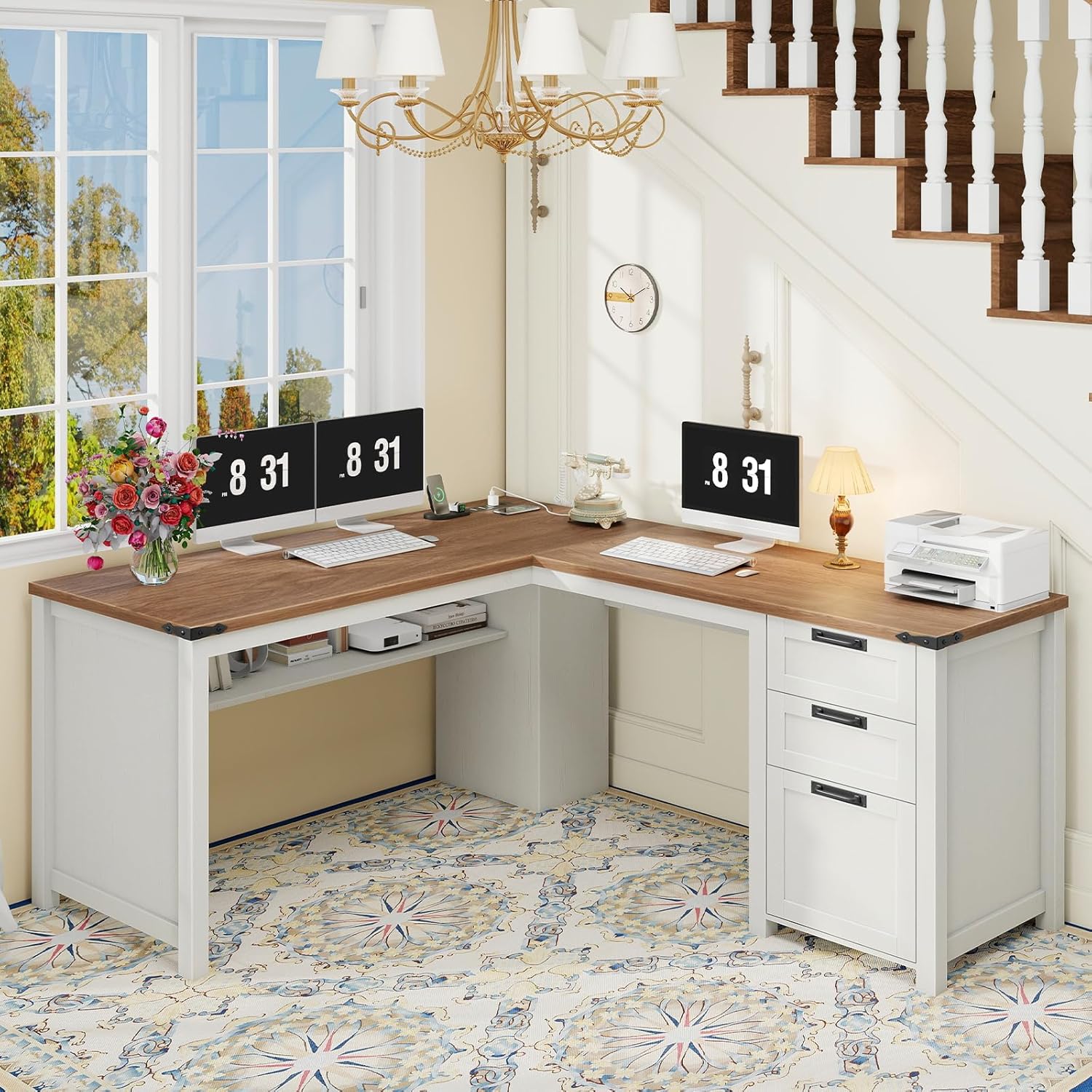 Vabches Farmhouse L Shaped Executive Desk, Corner Computer Desk with Drawers and Storage Shelf L-Shaped Standing Executive Desks with Power Outlets for Home Office, Study, Bedroom (White and Brown)
