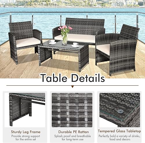 Miniatura 3 de Goplus Juego de muebles de ratán de 4 piezas, sofá de conversación de mimbre para exteriores con cojines resistentes a la intemperie y mesa de