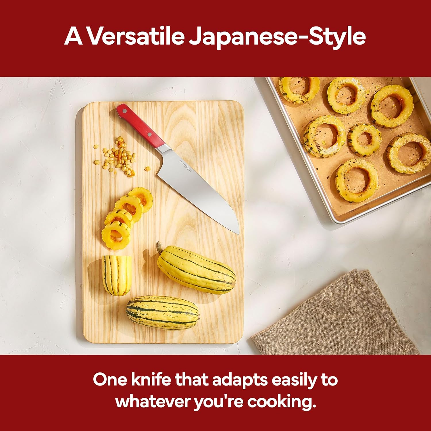 Misen Japanese Santoku Chef Knife - 7.5 Inch High Carbon Stainless Steel - Classic Japanese Knife Design for Cutting, Slicing, and Chopping - Razor Sharp Japanese Style Kitchen Knife, Red
