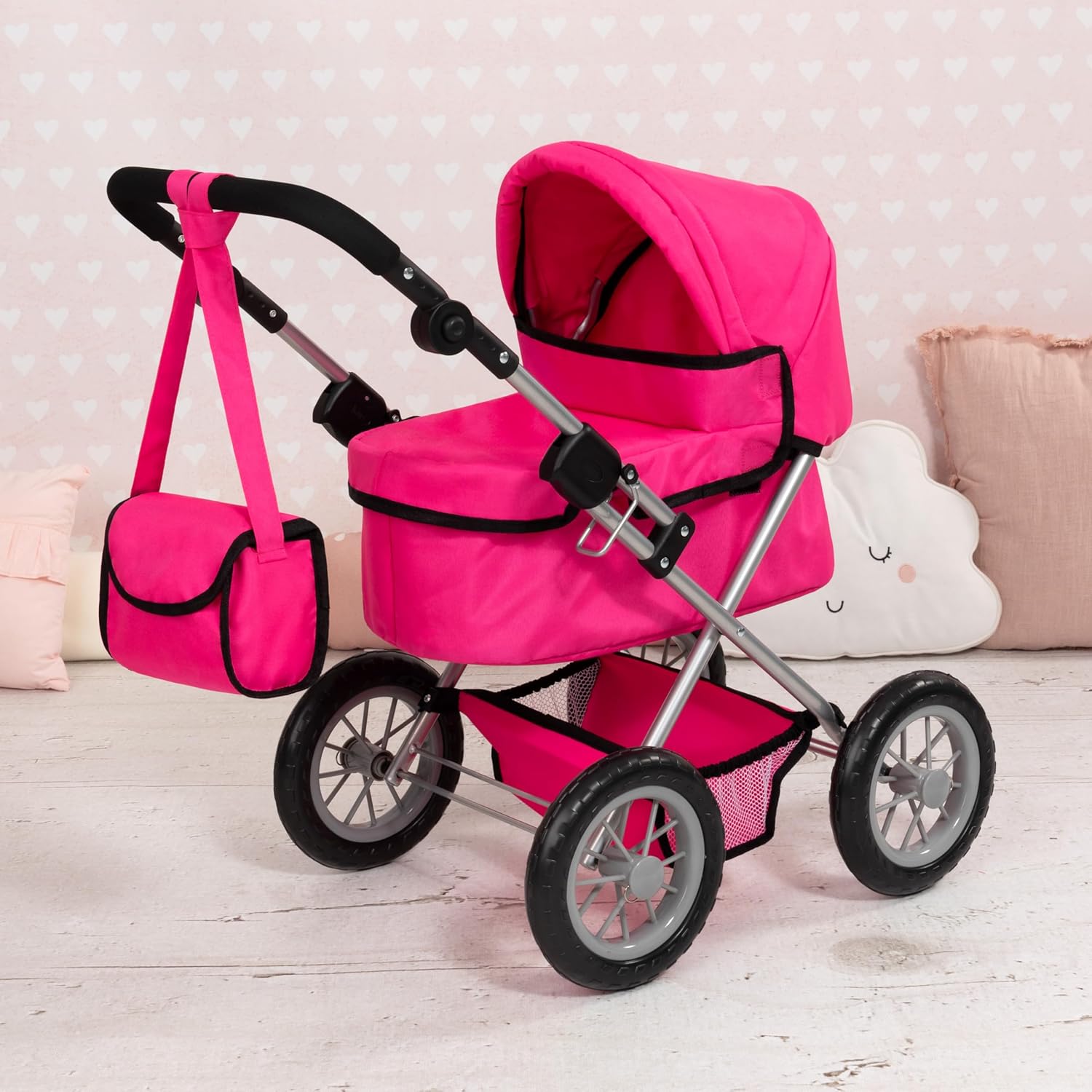 Bayer: Trendy Pram - Hot Pink - Includes Shoulder Bag, Fits Dolls Up to 18", Adjustable Handle, Kids Pretend Play, Shopping Basket