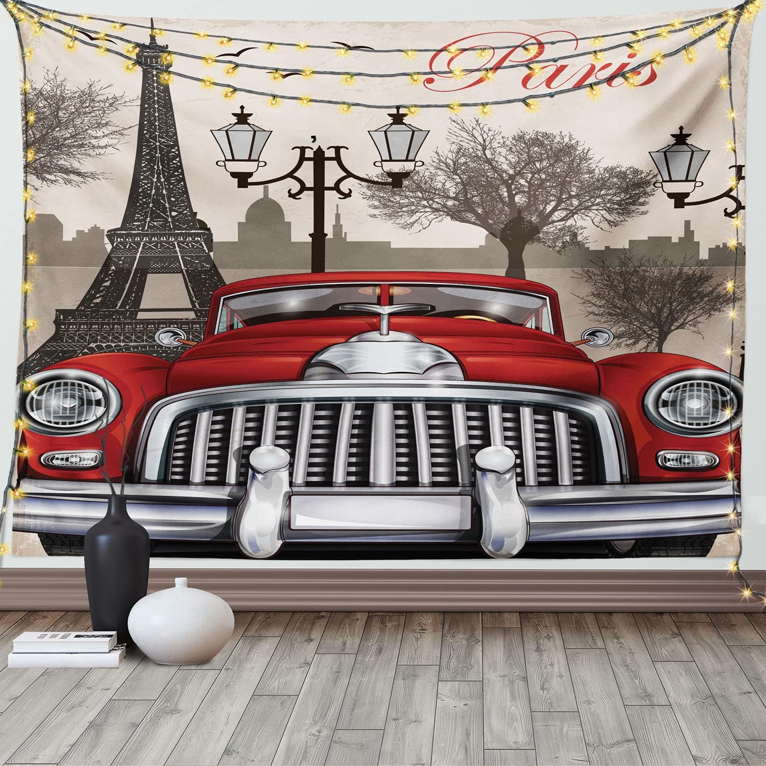 Ambesonne Retro Tapestry, European Parisian City Scenery with Old Auto Mousque and Eiffel Silhouette Art, Wide Wall Hanging for Bedroom Living Room