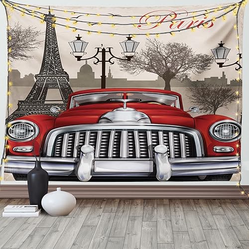 Ambesonne Retro Tapestry, European Parisian City Scenery with Old Auto Mousque and Eiffel Silhouette Art, Wide Wall Hanging for Bedroom Living Room
