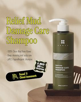 شامبو BRMUD Relief Mud Clay Damaged Care | ATEEZ Pick | شامبو لطيف لإصلاح الشعر التالف لكسر وترقق الشعر مع 16 زيتًا نباتيًا مختلفًا | للرجال والنساء (16.9 أونصة)