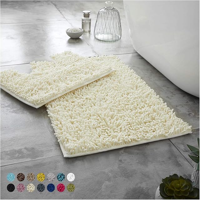 Lions Luxury Loop Bath Mat Sets 2 Piece for Bathroom - Slip-Resistant Chenille Bath Mats Rugs, Extra Soft and Absorbent Pedestal Bathmat Toilet Shower, Cream
