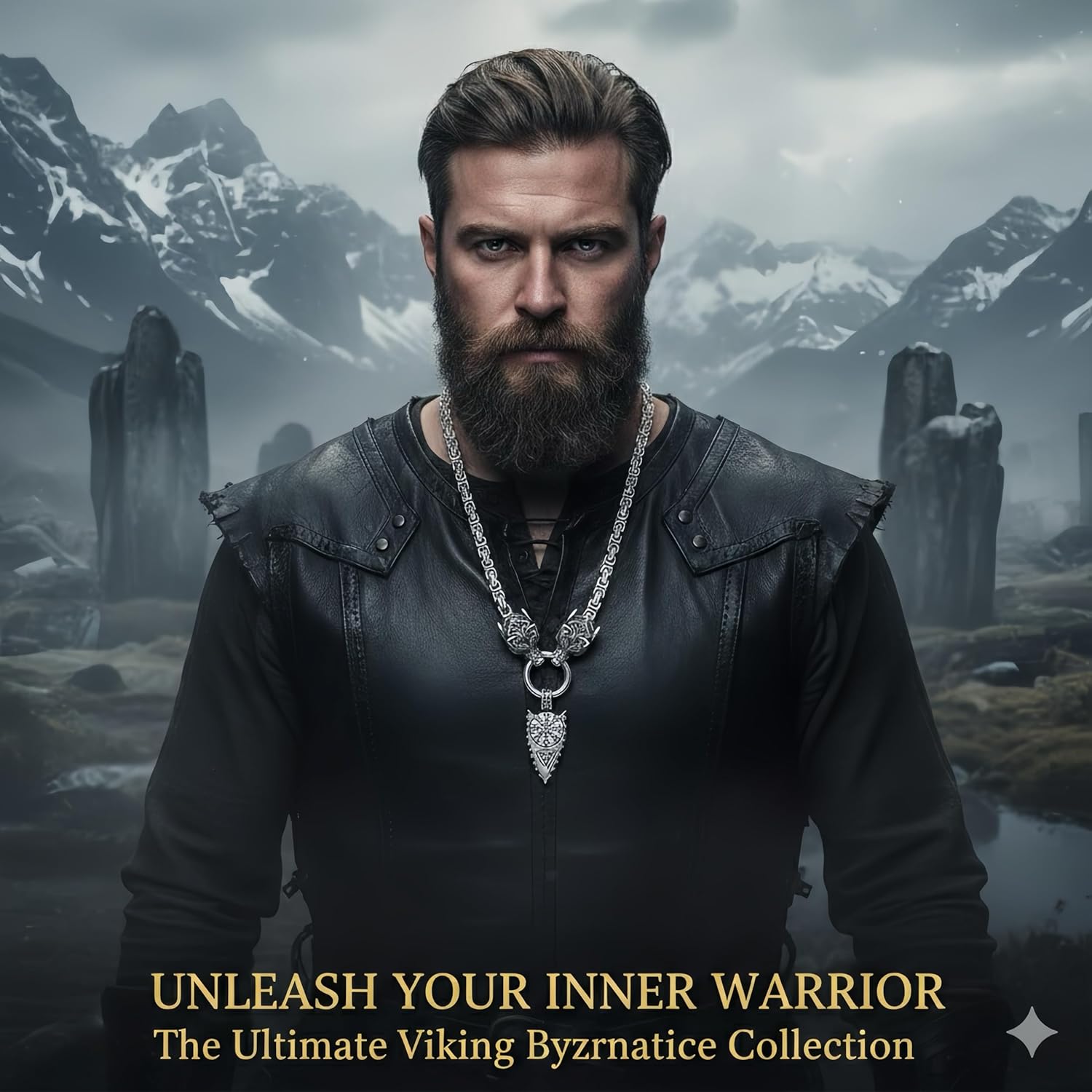ROWIN&CO Viking Necklace for Men, Stainless Steel Nordic Runes Wolf Head Spearhead & Trinity Knot Pendant with Byzantine Chain Amulet, Norse Mythology Pagan Gothic Biker Jewelry Gift