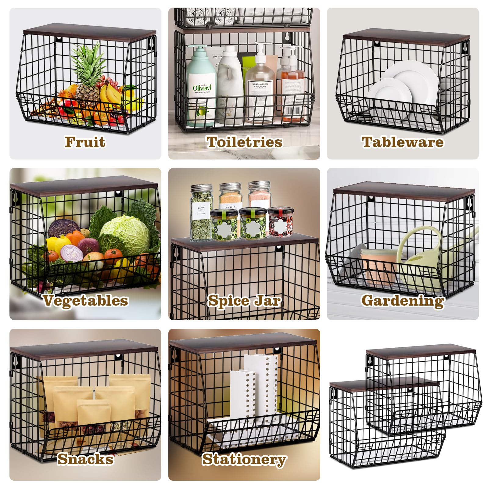 2 Pezzi Portafrutta Appendere, 30 × 15,5 × 21,5 cm Cesto Frutta in Metallo per Cucina con Coperchio in Legno con 4 Ganci, Impilabile e Montabile a Parete per Conservare frutta e Verdura, Nero