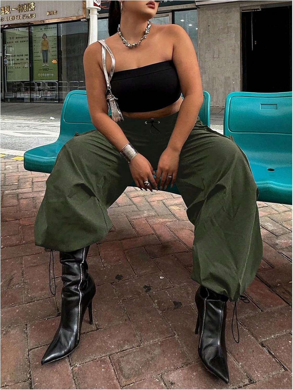 Verdusa Women's Plus Size Cargo Pants Drawstring High Waist Flap Pocket Loose Trousers - Image 6