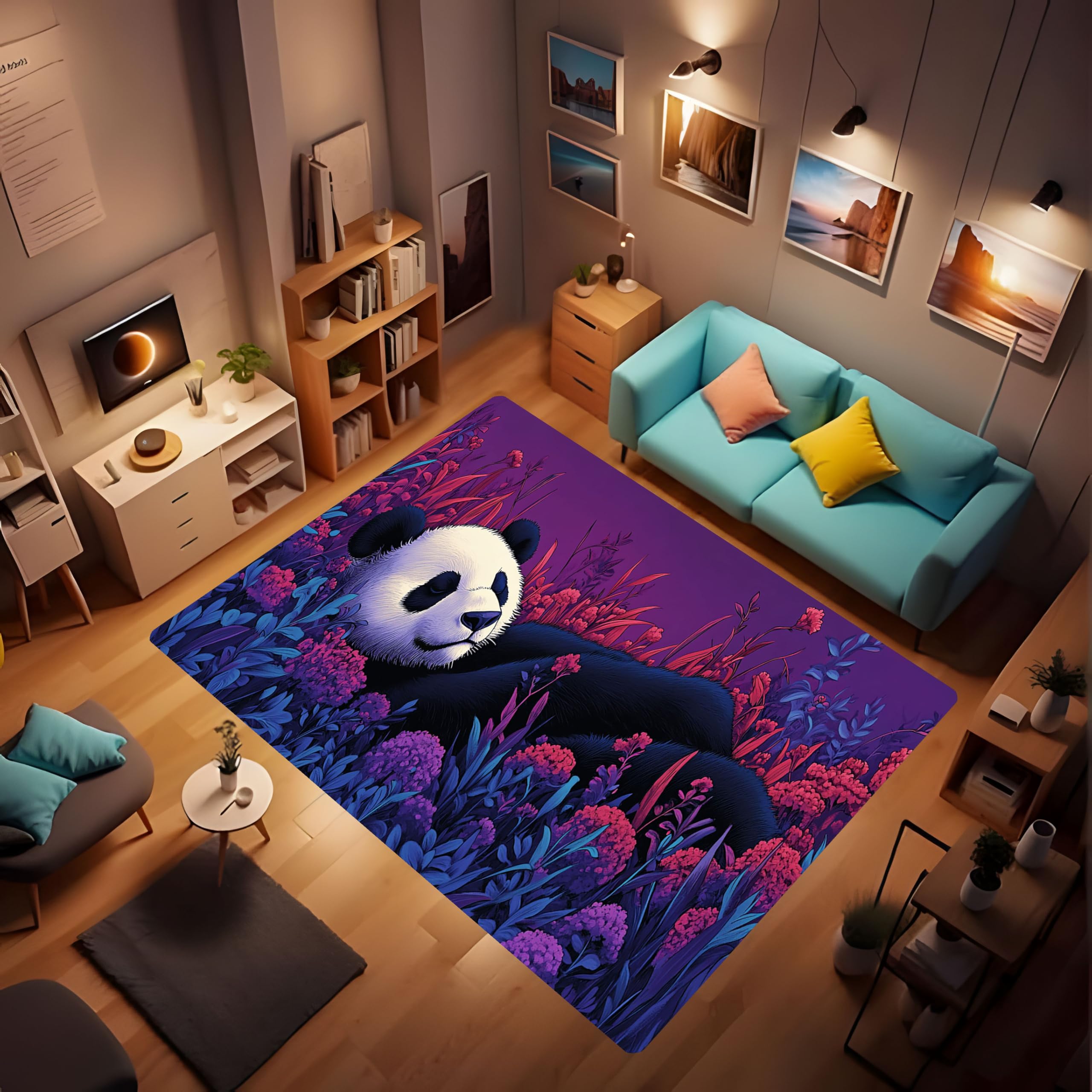 Relaxing Panda Cartoon Carpet Lying in Flowers - Non-Slip Super Absorbent Machine Washable Bathroom Floor Bath Mat, Living Room Kitchen Bedroom