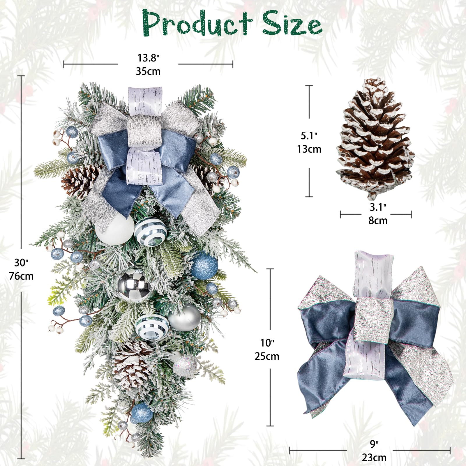 Weihnachtsdeko Tropfen Girlande für Weihnachten - Blau-Silbere Weihnachten Teardrop Swag mit Weihnachtskugeln, Beeren, Tannenzapfen und Schleife, Weihnachtsdeko, Höhe 76CM