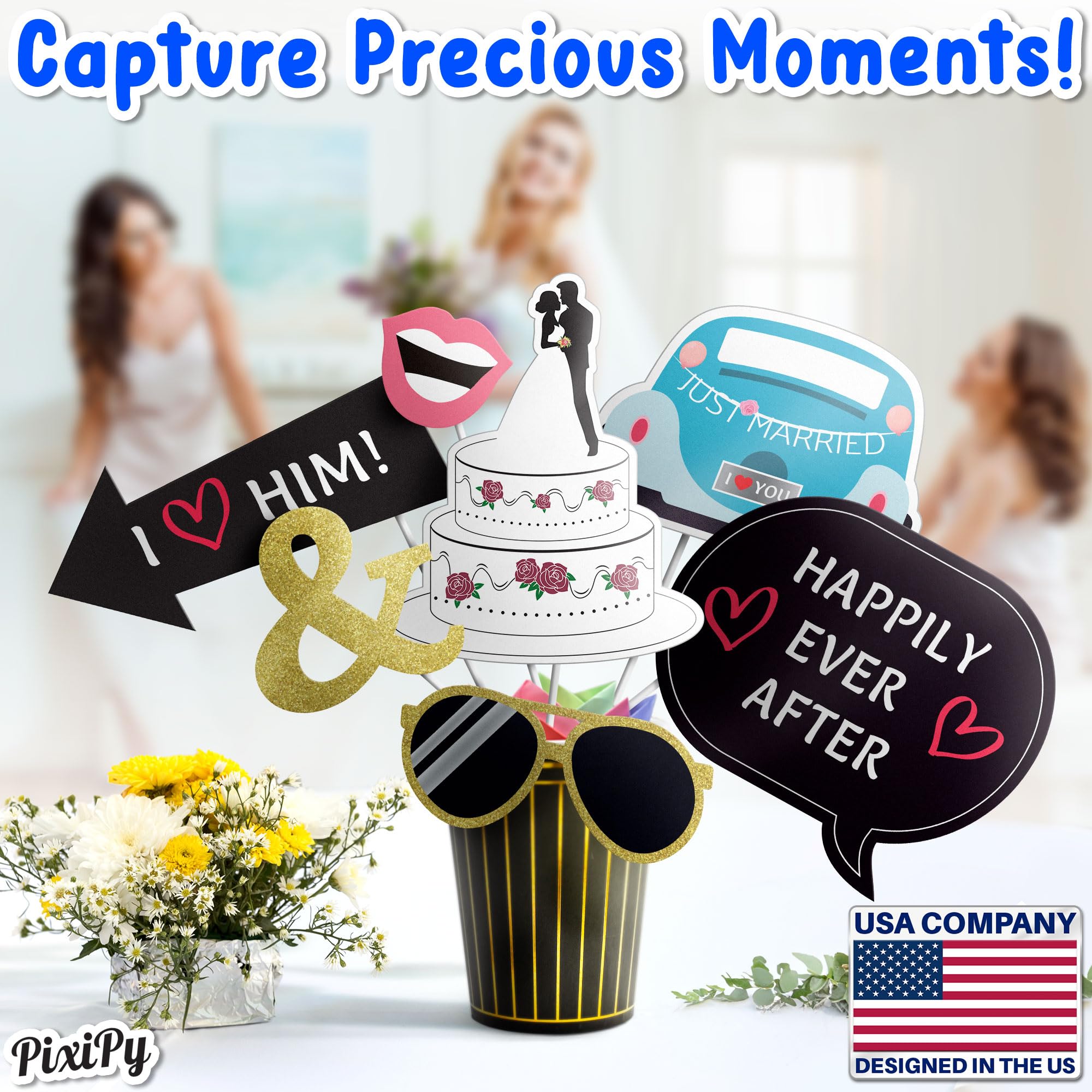 Hochzeits-Fotoautomaten-Requisiten (52 Stück, mehrfarbig), lustiges Fotoshooting-Party-Selfie-Zubehör, alberne Gruppenbilder für Hochzeitsempfang, Jahrestag, Verlobung oder Dusche
