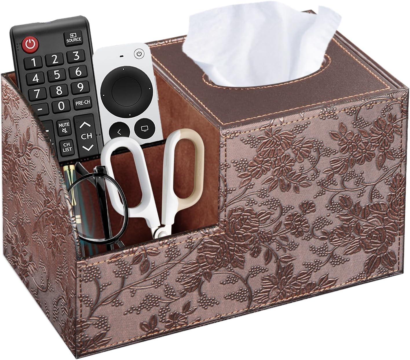 Fanousy Square Tissue Box Cover with Storage, PU Leather Cube Tissue Box Holder, Remote Control Nightstand Organizer, Modern Desk Caddy for End Table, Bathroom, Bedroom, Home, Office Decor