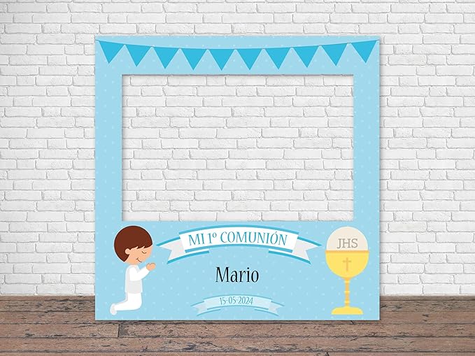 Oedim Photocall Mi Primera Comunión Niño Azul Personalizado, 100x100cm, Eventos o Celebraciones puntuales, Ventana Troquelada, Photocall Divertido ideas para comuniones originales