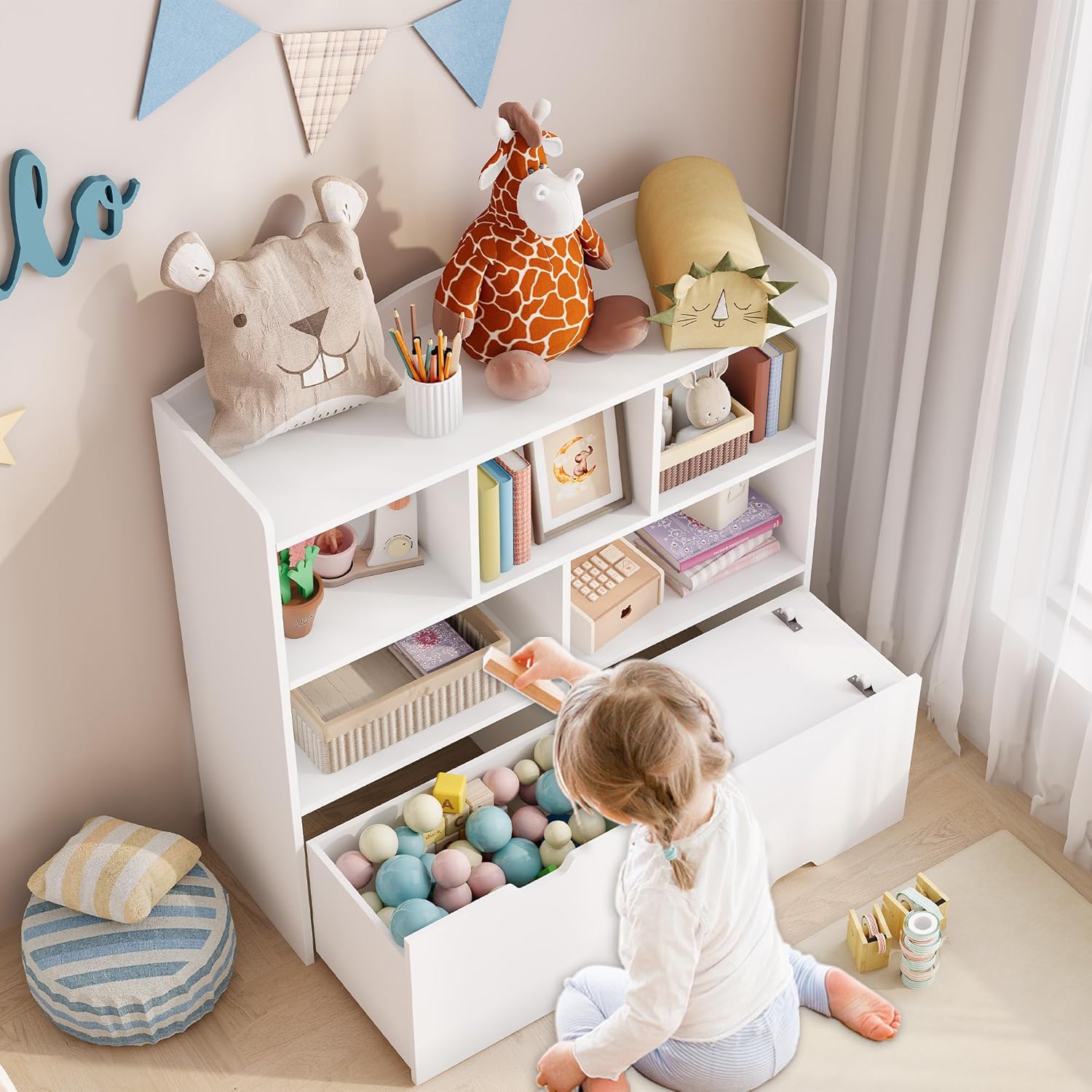 Garvee Toy Storage Organizer with Movable Drawers, Kids Bookshelf with Hidden Wheels & Open Cubbies, Multifunctional Floor Storage Chest for Playroom, White