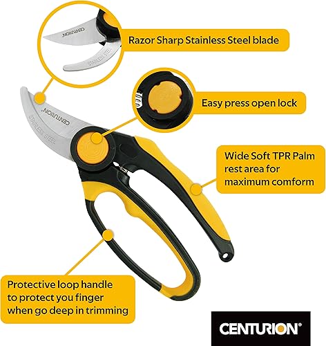 Miniatura 3 de Centurion Podadora de derivación de jardín de acero inoxidable 194 con cierre de presión, para ramas, tallos y árboles, herramienta manual