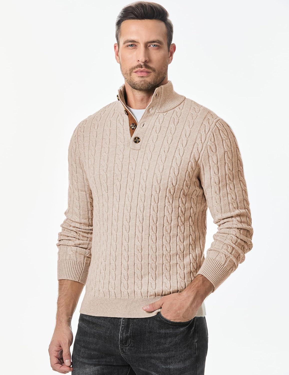 JMIERR Men's Cable Knit Pullover Sweater Casual Long Sleeve Stand Collar Button Knitted Sweaters - Image 7