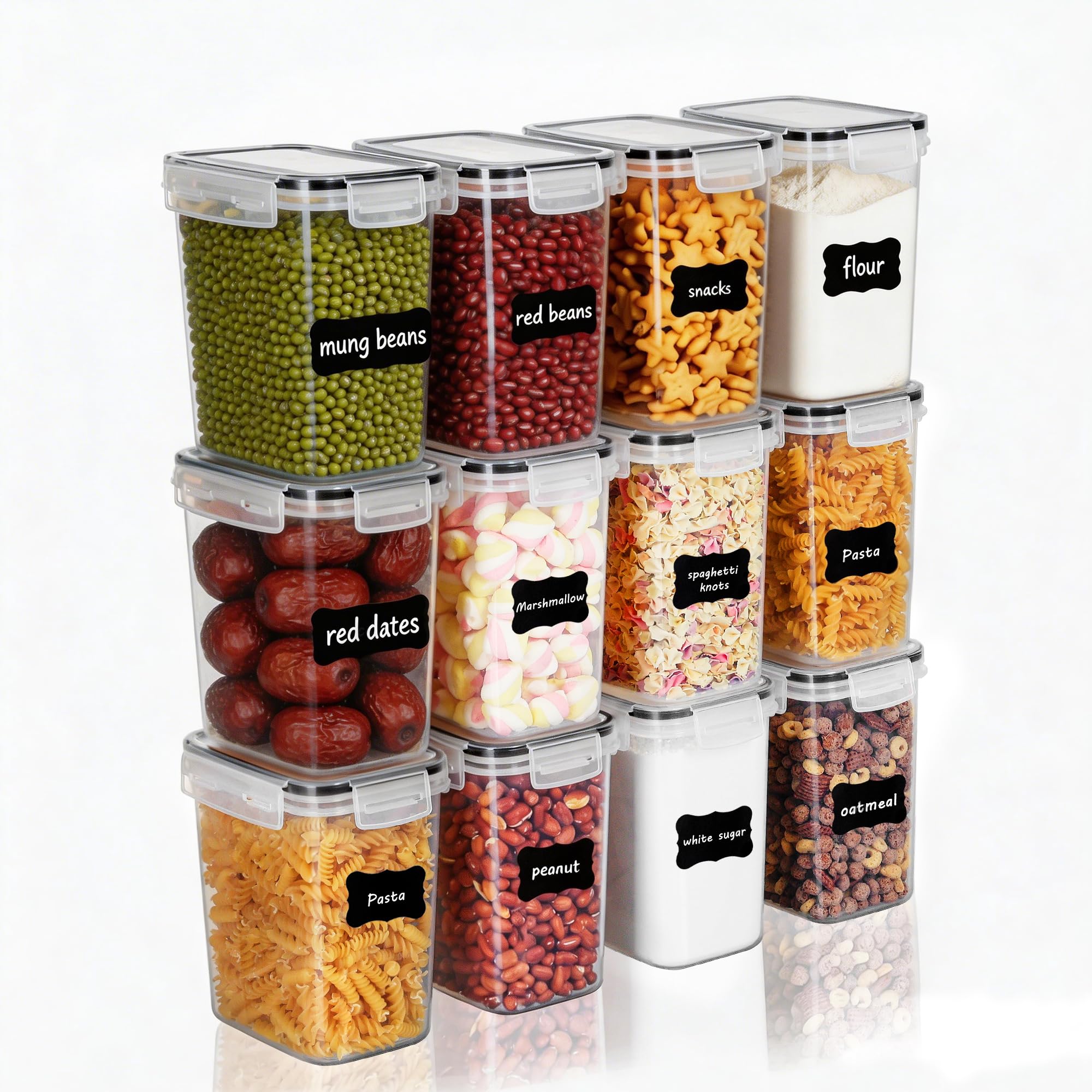 Vtopmart 1.6L Vorratsdosen Set, Müsli Schüttdose & Frischhaltedosen, BPA frei Kunststoff Vorratsdosen luftdicht,Trockenfutterbehälter, Satz mit 12, 24 Etiketten für Getreide, Mehl usw (Schwarz)