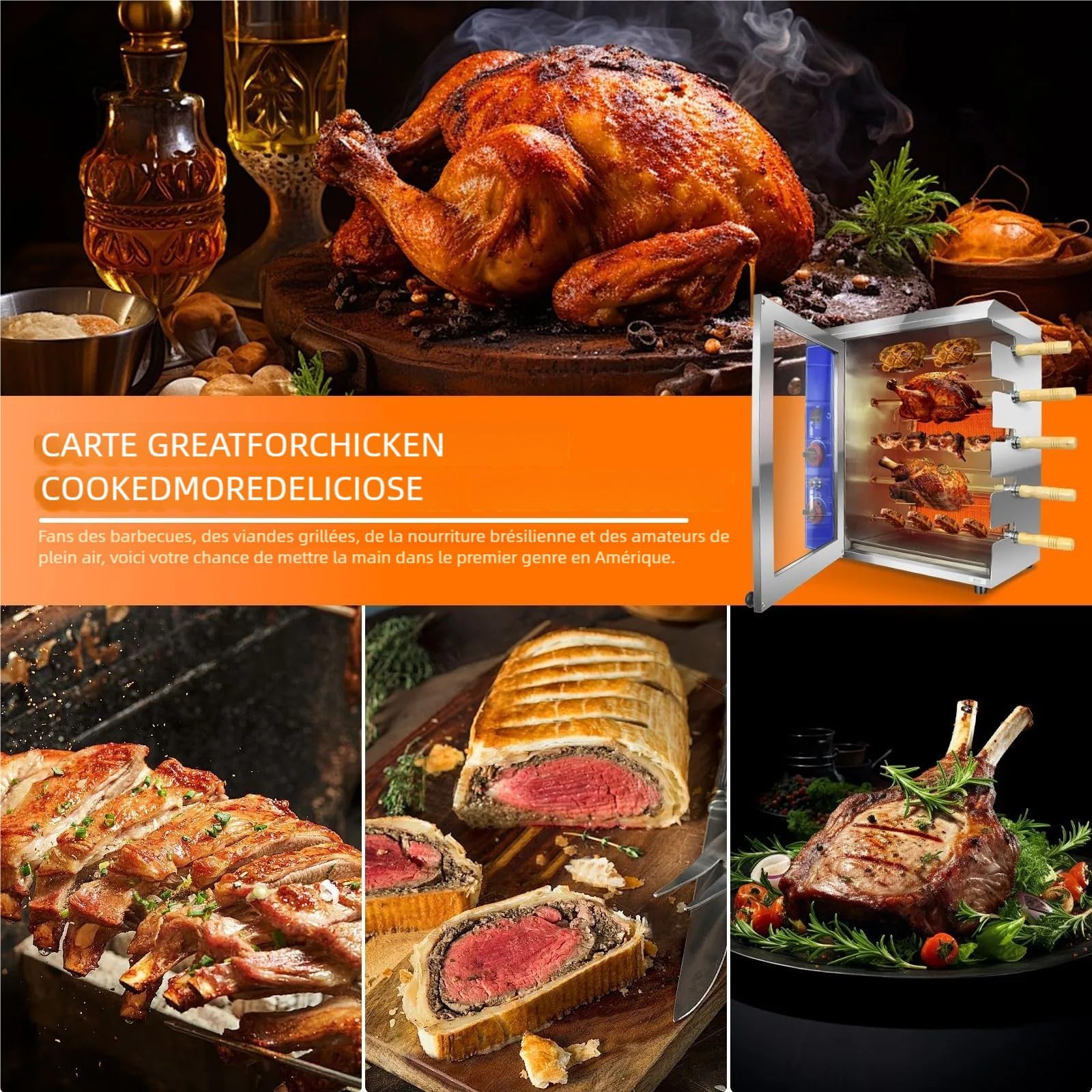 Rôtissoire à Poulet Professionnelle au Gaz – Four Rotatif Commercial Multi-Broches en Inox, Churrasco Brésilien, Idéal Restaurant et Traiteur