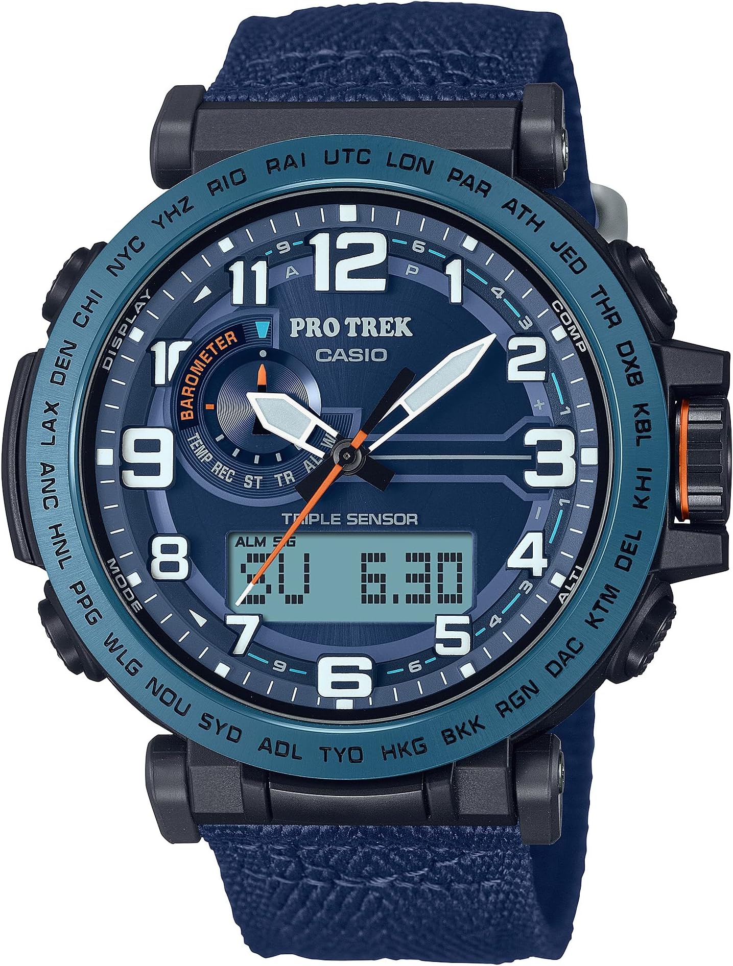 PRG601 Series | Pro Trek | 100M WR | 1/100 SEC Stop Watch | Compass/Alt/Baro-Thermo | Tough Solar Power/Atomic Timekeeping | 1-100 SEC Stopwatch | Countdown Timer | World Time