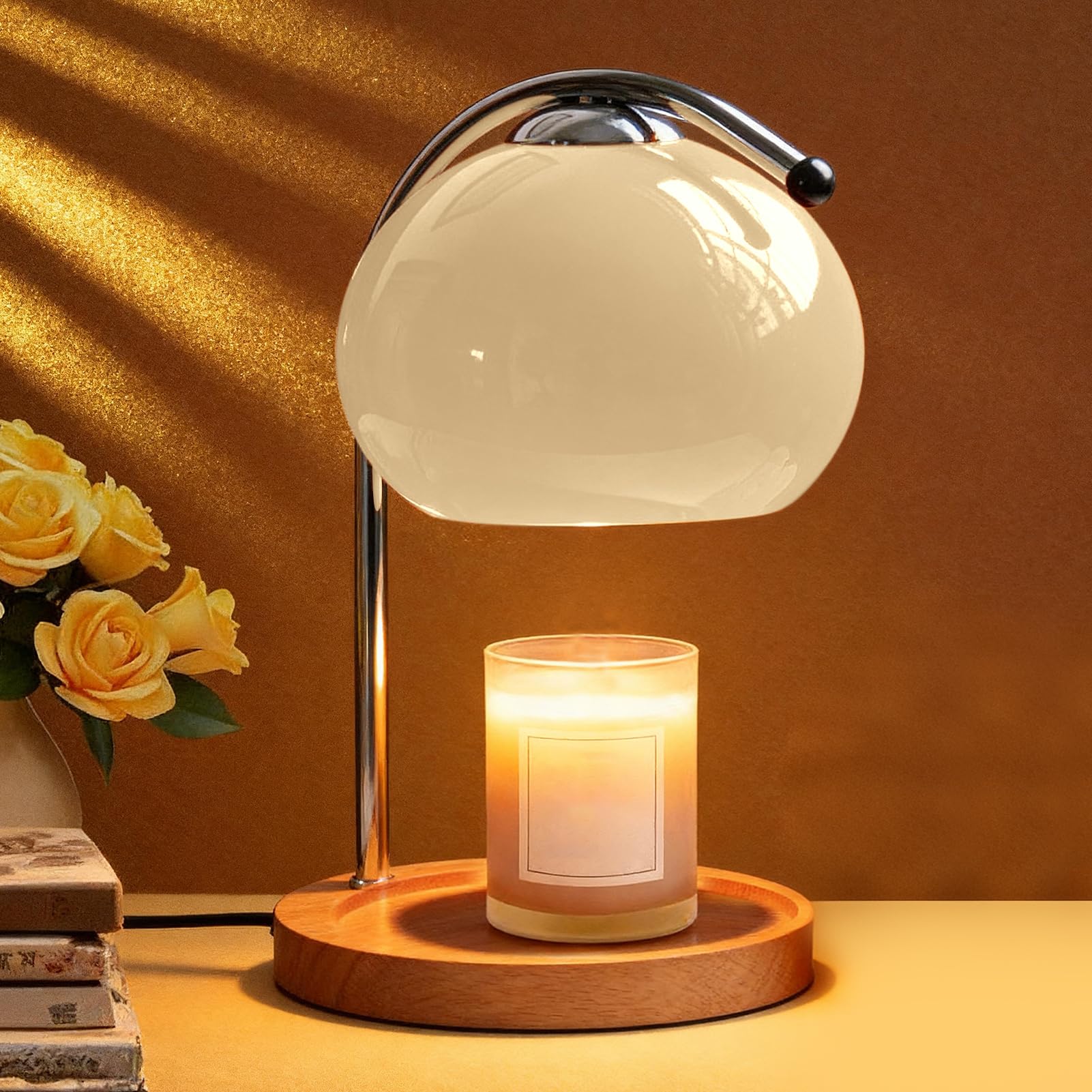 Topyond Retro Candle Warmer Lamp, Aroma Wax Melting Lamp with Wood Storage Tray Heating Candle Lamp Desk Lamp Bedroom Bedside Ambient Table Lamp Home Decor Anniversary Valentine's Day Gift(Beige)
