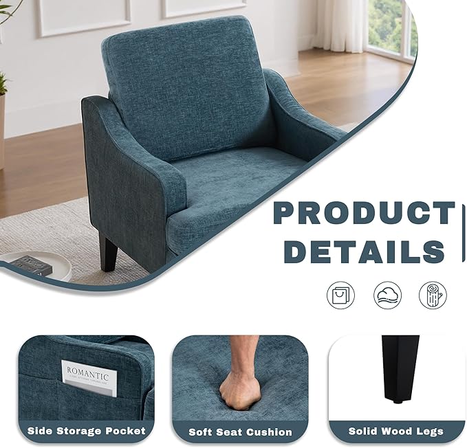 Sillón Tela Chenille Azul Patas Madera para Sala miniatura 5