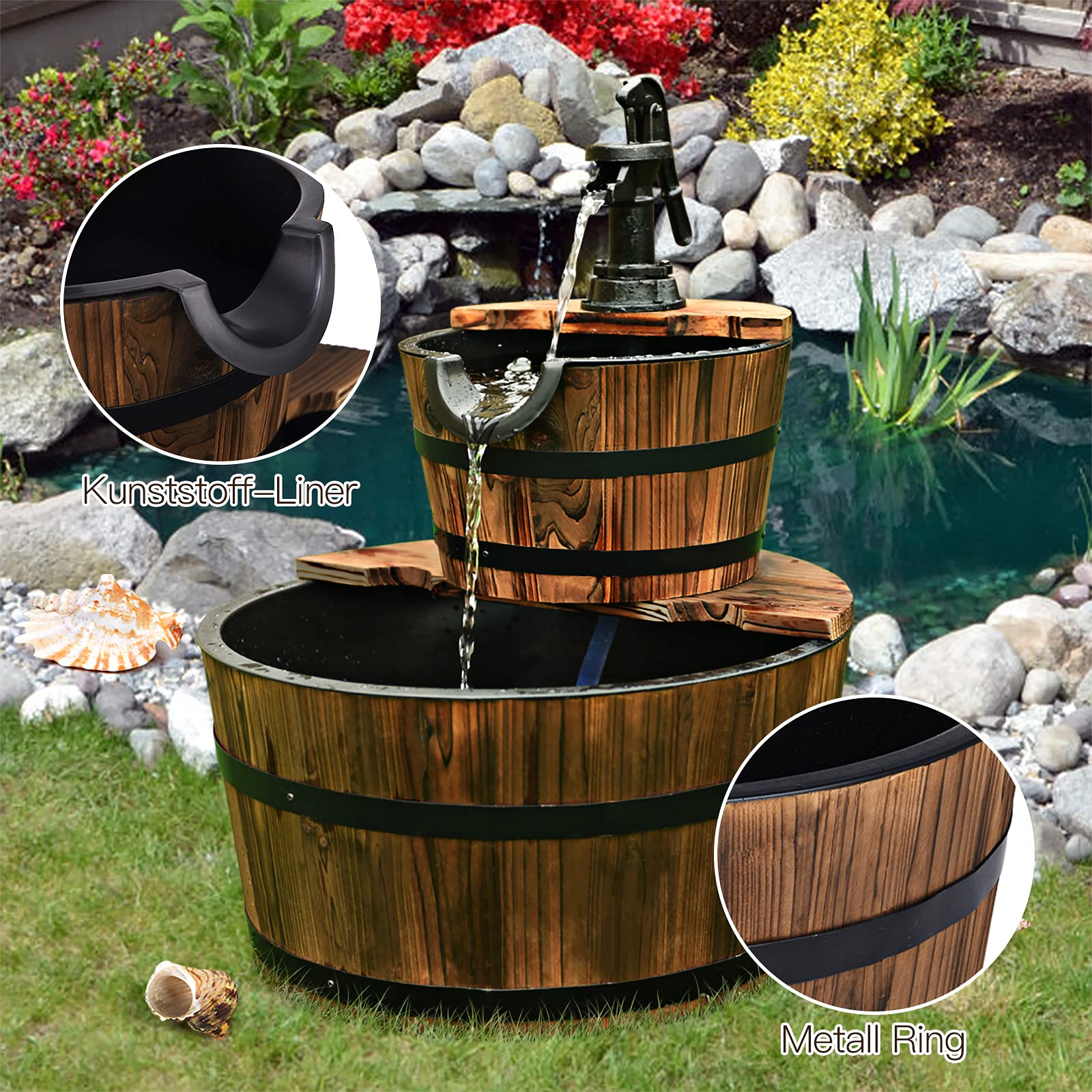 GOPLUS Gartenbrunnen mit Hochleistungspumpe, Springbrunnen aus Tannenholz, Wasserspiel im Freien für Garten, Terrasse, Rasen, Geschlossener Wasserkreislauf, 44,5 x 44,5 x 61cm