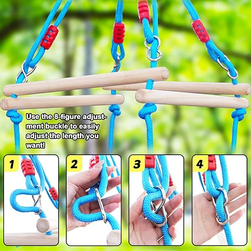 Miniatura 6 de Monopatín de madera para niños, 3 en 1 de pie, equilibrio de ejercicio y coordinación corporal, columpio de árbol para exteriores (cuerda azul)