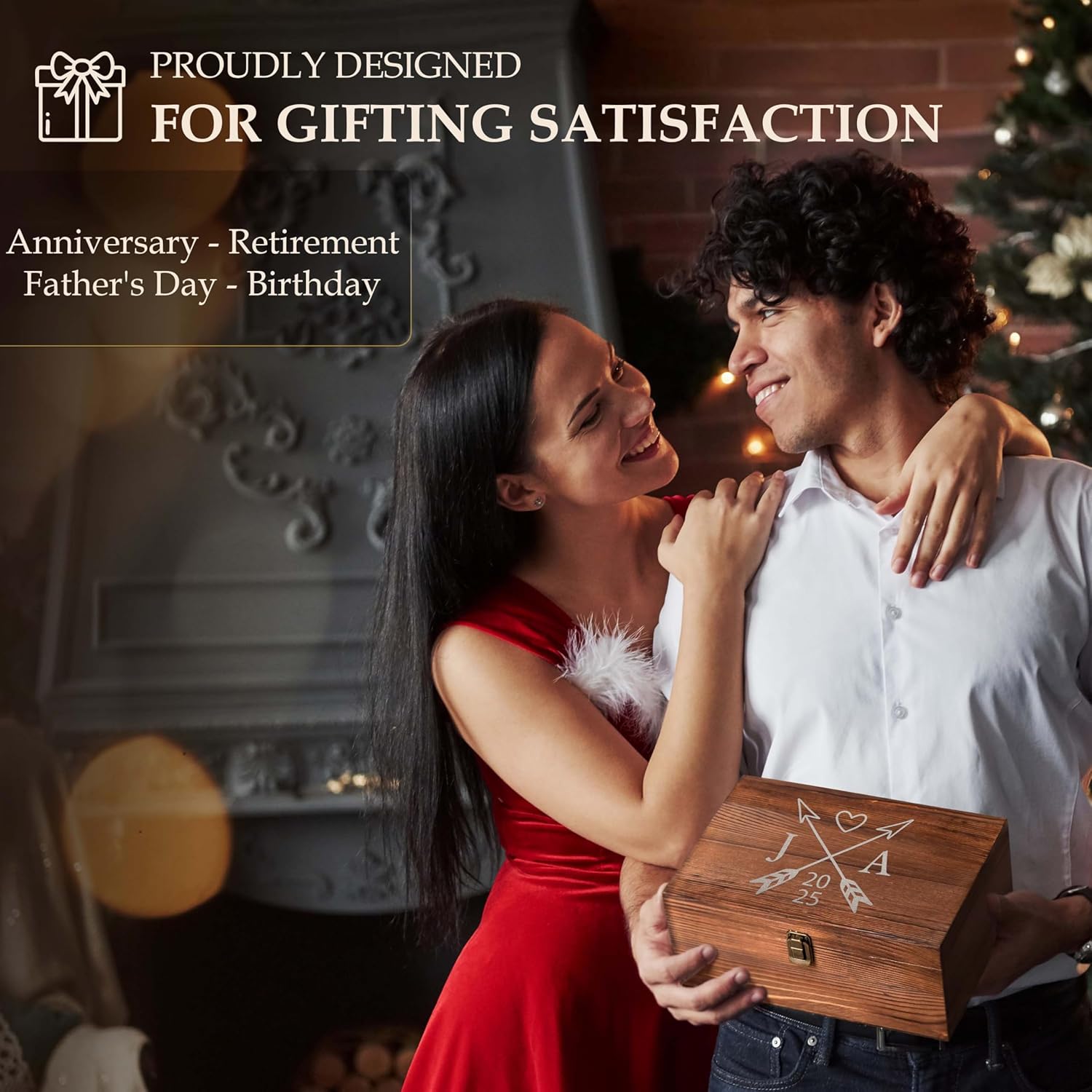 Custom Couples Initials and Date Arrow Whiskey Gift Set of 2 Glasses, Tongs, & Stainless Steel Whiskey Stones – Personalized Premium Wood Box Gift for Couples