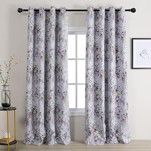 Miniatura 2 de MYSKY HOME Cortinas moradas de 90 pulgadas de largo, 2 paneles de cortinas para sala de estar, cortinas de flores y hojas semiopacas para