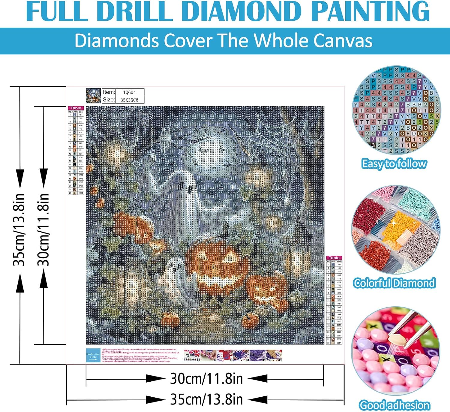 Halloween Ghost Pumpkin Moon Diamond Art Kits for Adults, 5D Diamond Painting Kits for Adults Beginners, DIY Full Round Drill Diamond Dot Painting Gem Art Kits for Adult, Home Wall Decor 13.8x13.8 In