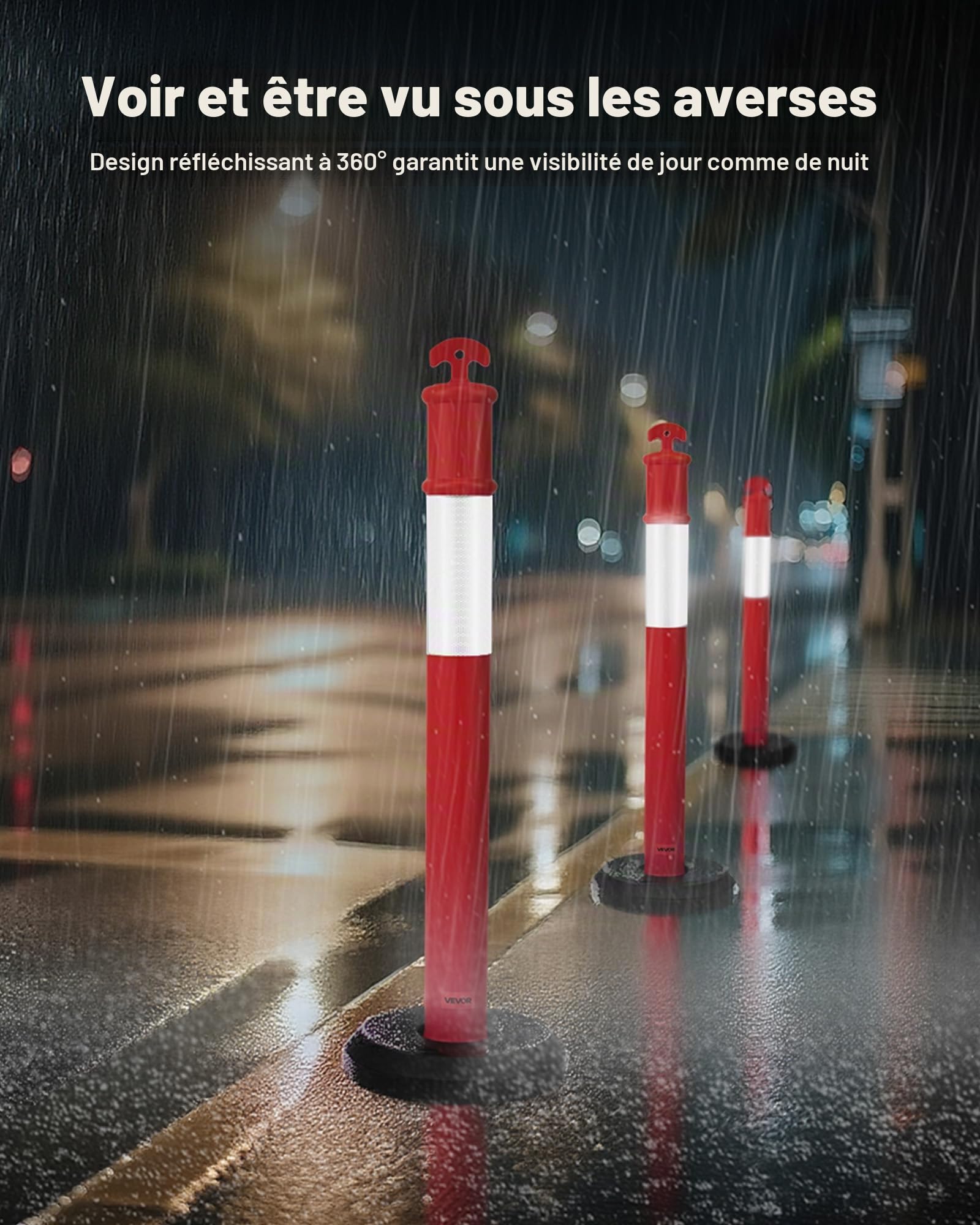 VEVOR Poteau de Signalisation 9PCs 114 cm, Balise de Délimitation avec Base Remplissable et Bandes Réfléchissantes, Délinéateur de Circulation pour Contrôle des Foules, Chantier Parking, Rouge