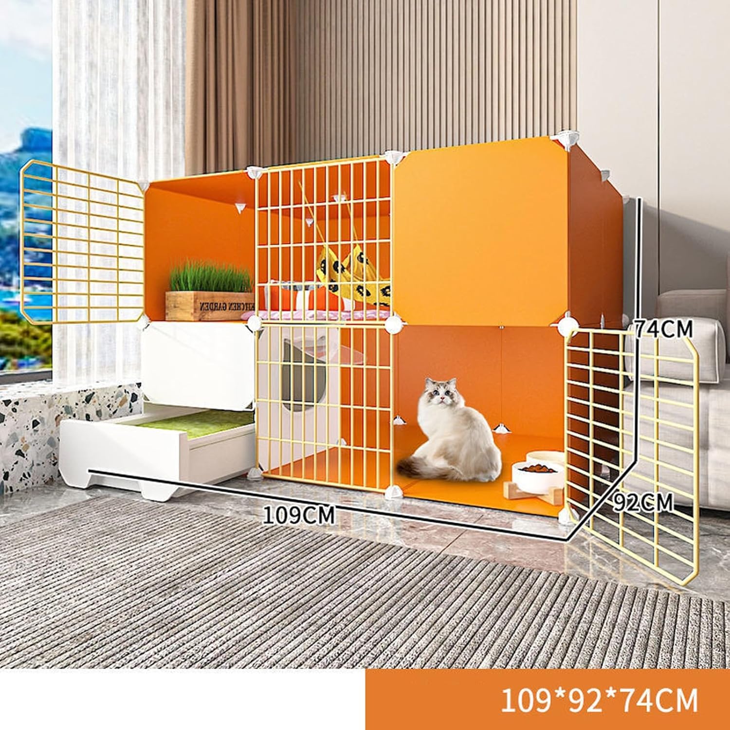 Cat Cage with Cat Litter Box, Cat Enclosures Indoor DIY Kitten Crate Semi-Enclosed Detachable Metal Wire Cat Playpen for Small Animal, Exercise Place for 1-3 Cats (Orange A)