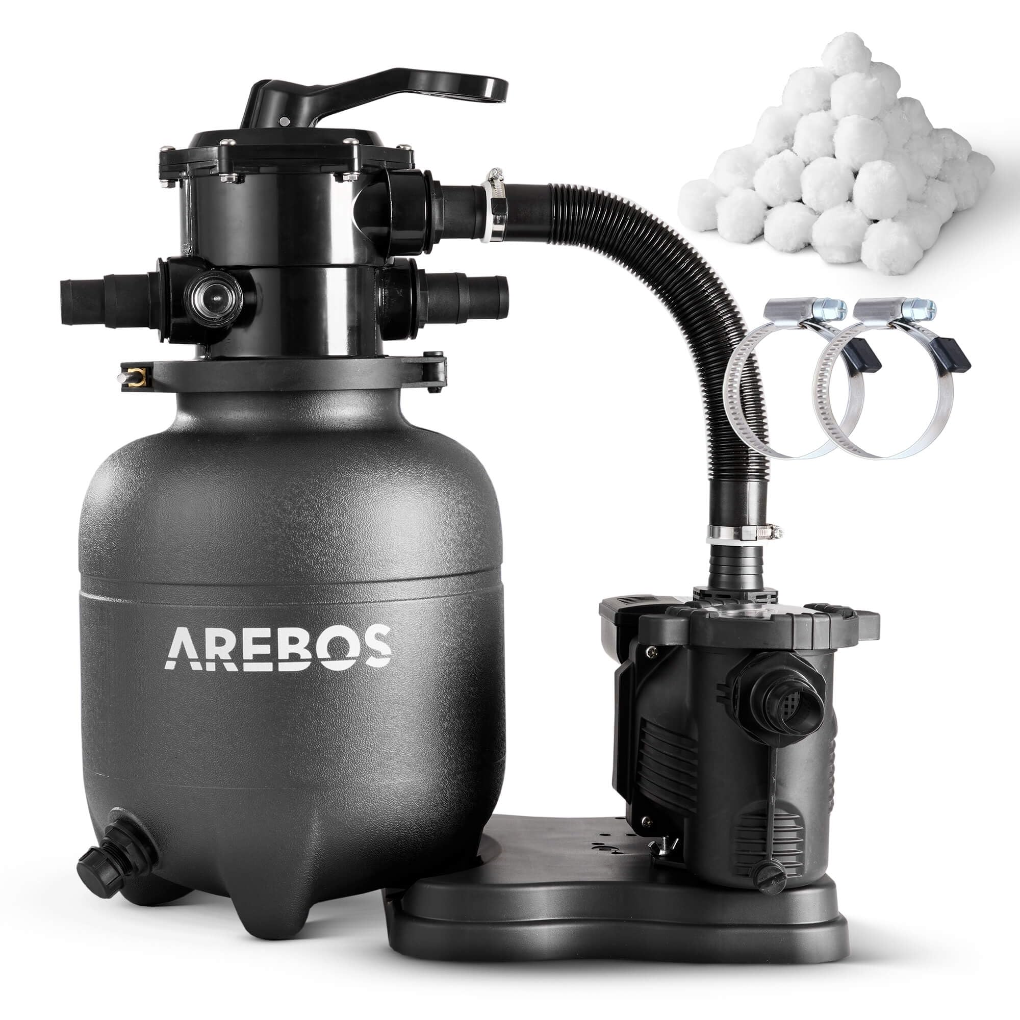 Arebos Système de filtration à sable avec pompe et 600 g de balles de filtration | 350W | 9500 L/h | Capacité du réservoir jusqu'à 20 kg de sable | Vanne à 7 voies avec poignée | Filtre de piscine
