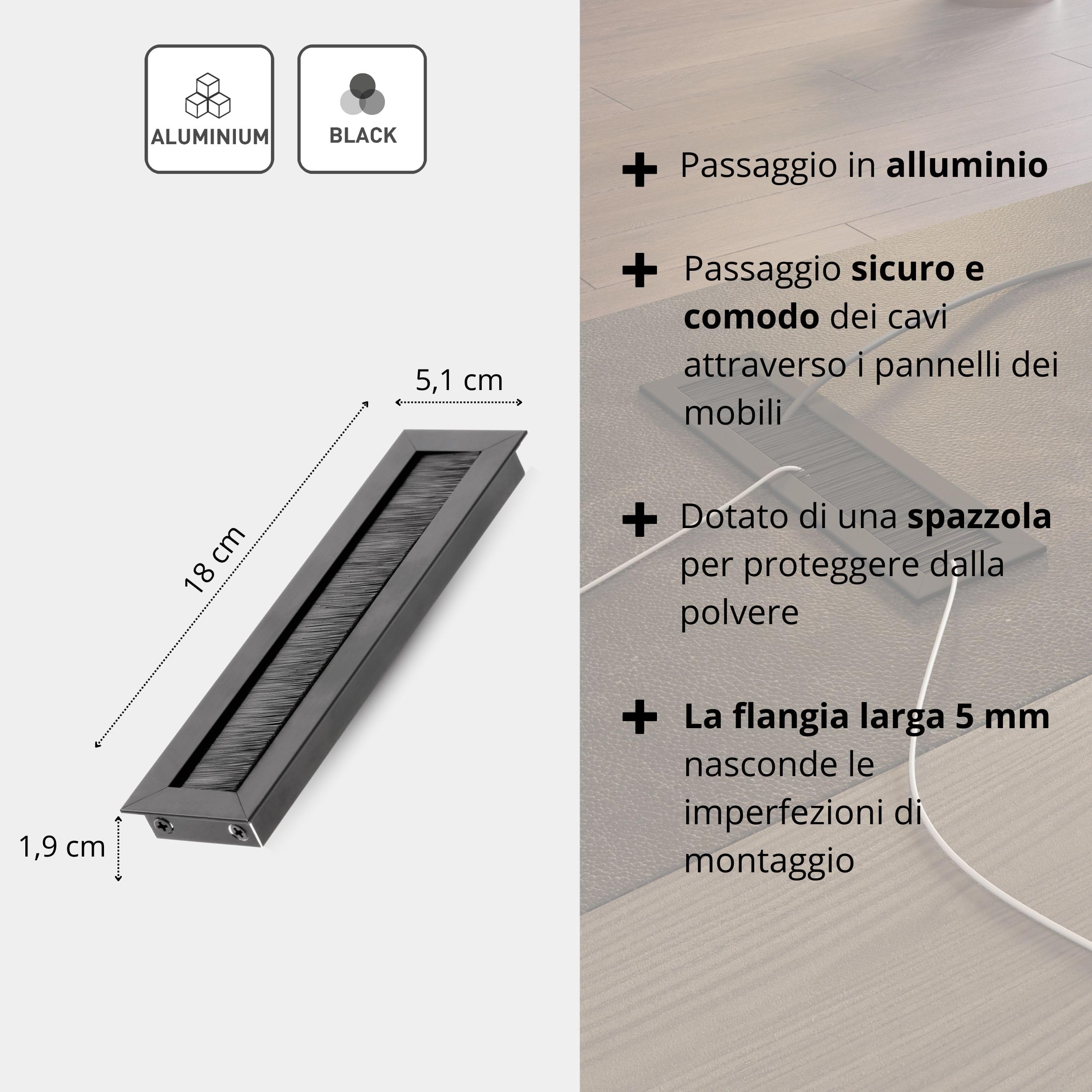GTV - Passacavo Merida - ingresso e uscita cavi rettangolari, organizzazione per il passaggio dei cavi mobili/progettata per l'installazione sul piano di lavoro/nera