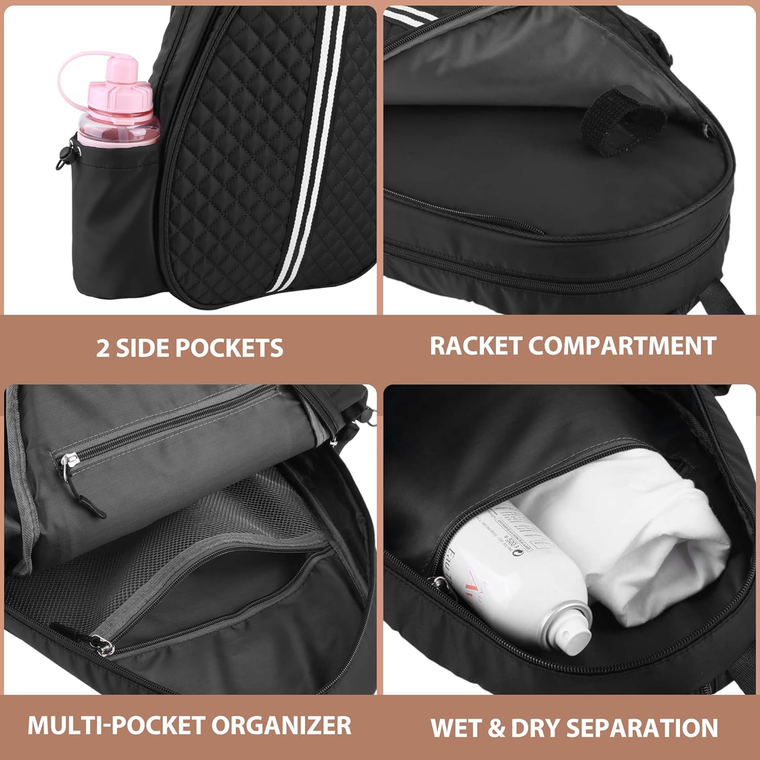 Tennis Racket Bag, Tennis Bags for Women, Quilted Sling Crossbody Backpack with Hook, Water Resistant Tennis Racket Cover for Pickleball, Racketball