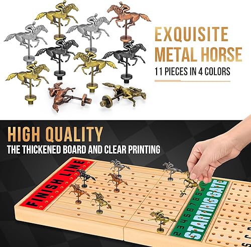 Miniatura 5 de Juego de mesa grande de carreras de caballos de 21 pulgadas, juegos de carreras de caballos con tarjetas y dados y 11 potros de metal de lujo,
