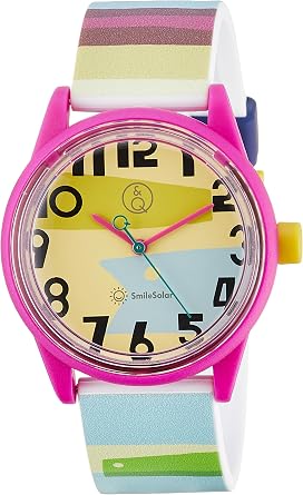 Q&Q SmileSolar R01A-514VK Textile Designer "Masaru" Collaboration Model Snake Border Wristwatch, Solar, Analog, Waterproof, Urethane Strap, Yellow x Green x Blue
