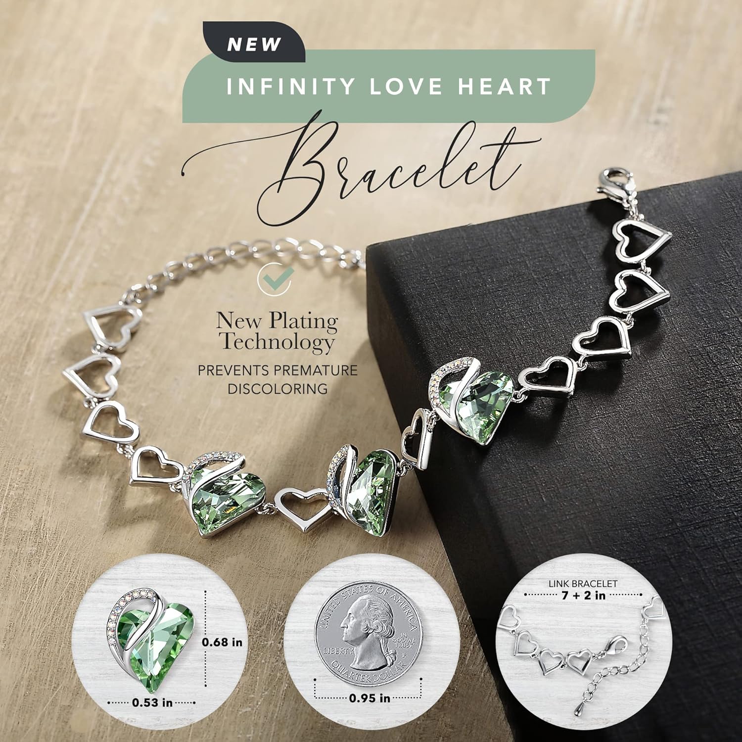 Leafael Infinity Love Heart Link Bracelets, Birthstone or Healing Stone Crystal Bracelet for Women, Silver Tone Jewelry Gifts for Her, 7-inch Chain and 2-inch Extender - Image 2