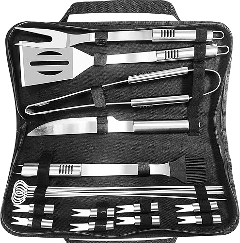 OYUGET Juego de 20 herramientas resistentes para parrilla de barbacoa con espátula de acero inoxidable extragruesa, tenedor, pinzas y cepillo de