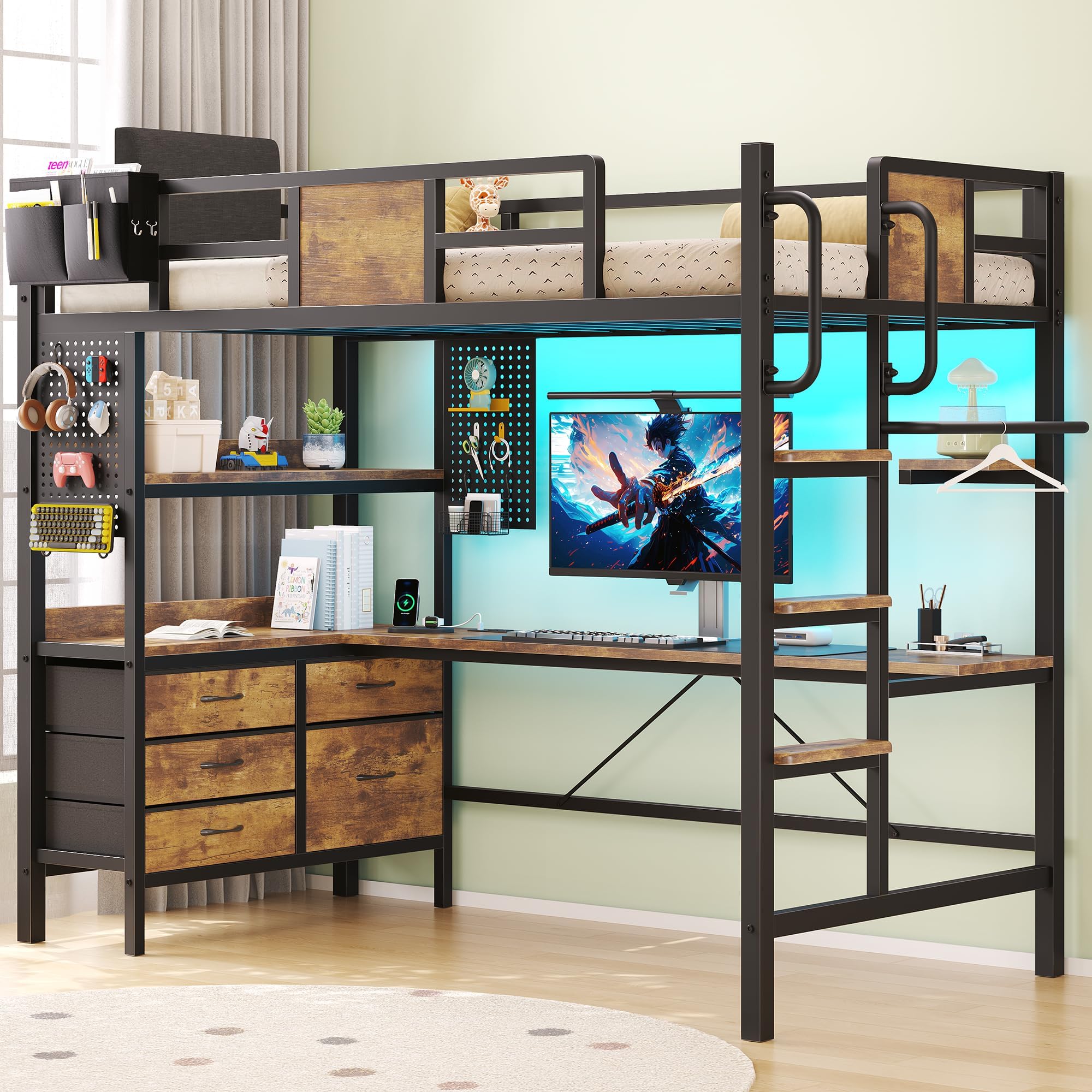 busyaeh Loft Bed with Desk,Twin Loft bed with 5 Storage Drawers & 2 open Shelves & LED Light and Charging Station,Loft Bed Twin Size with Safety Guardrail & Ladder,Space Saving for Teens,Vintage Brown