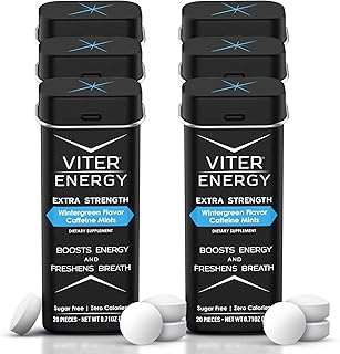 Viter Energy Extra Strength Caffeinated Mints - 80mg Caffeine, B Vitamins, Sugar Free Vegan Breath Mint. Powerful Energizing Boost. 1 Mint Replaces 1 Coffee, Gum, Chews, Gummies (Wintergreen, 6 Pack)