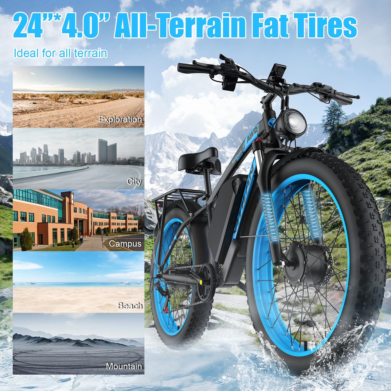 H5 Vélo Électrique pour Adultes, Vélo Électrique à Double Moteur, Batterie 52V 25Ah, Ebike à Pneus Gras 24" x 4", 7 Vitesses, AWD pour Tout-Terrain, Route, Pendulaires