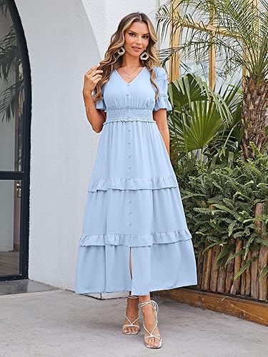 Vista 5 de Amegoya Vestido largo bohemio de manga larga con cuello en V para mujer, vestido largo de compromiso para invitadas de boda