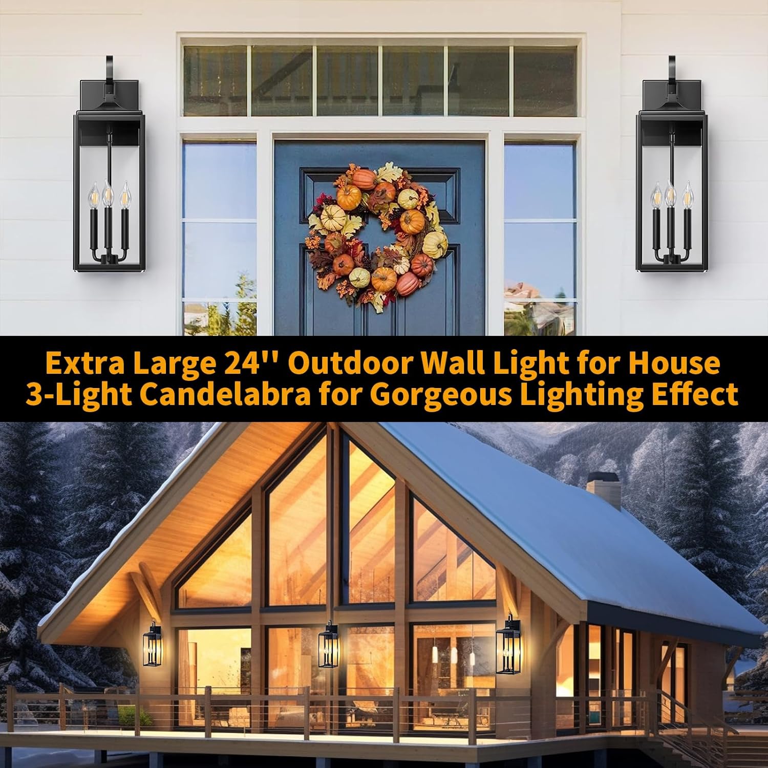 24" Extra Large Outdoor Wall Light 2 Packs, Black Exterior Lighting Fixtures Outdoor Porch Lantern Wall Mounted, Waterproof Modern Outside Wall Sconce, E12 3-Light Coach Lamp for House Patio Garage Black 24''-No Sensor-2pcs
